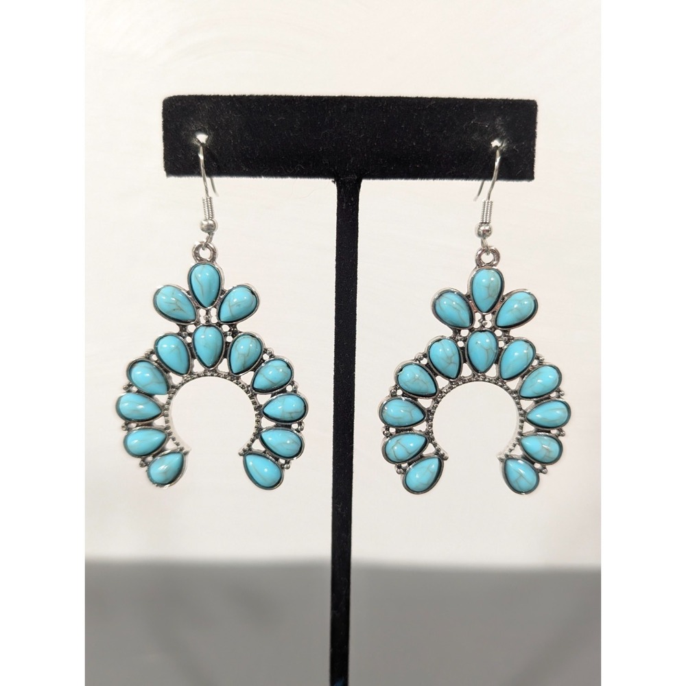 Faux Turquoise Squash Blossom Earrings Blue Dangle Western Boho